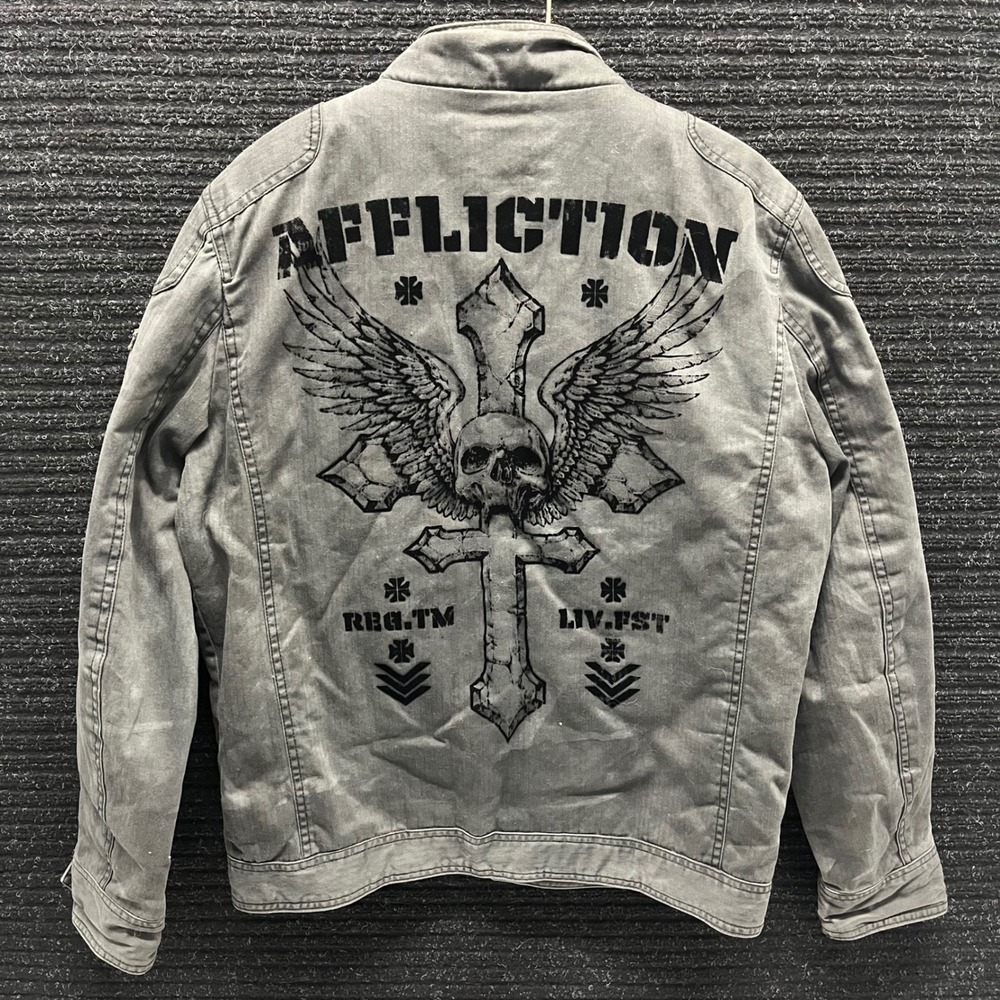 Affliction Black Premium Mens Grey Skull Wing Graphic Field Jacket Coat Large